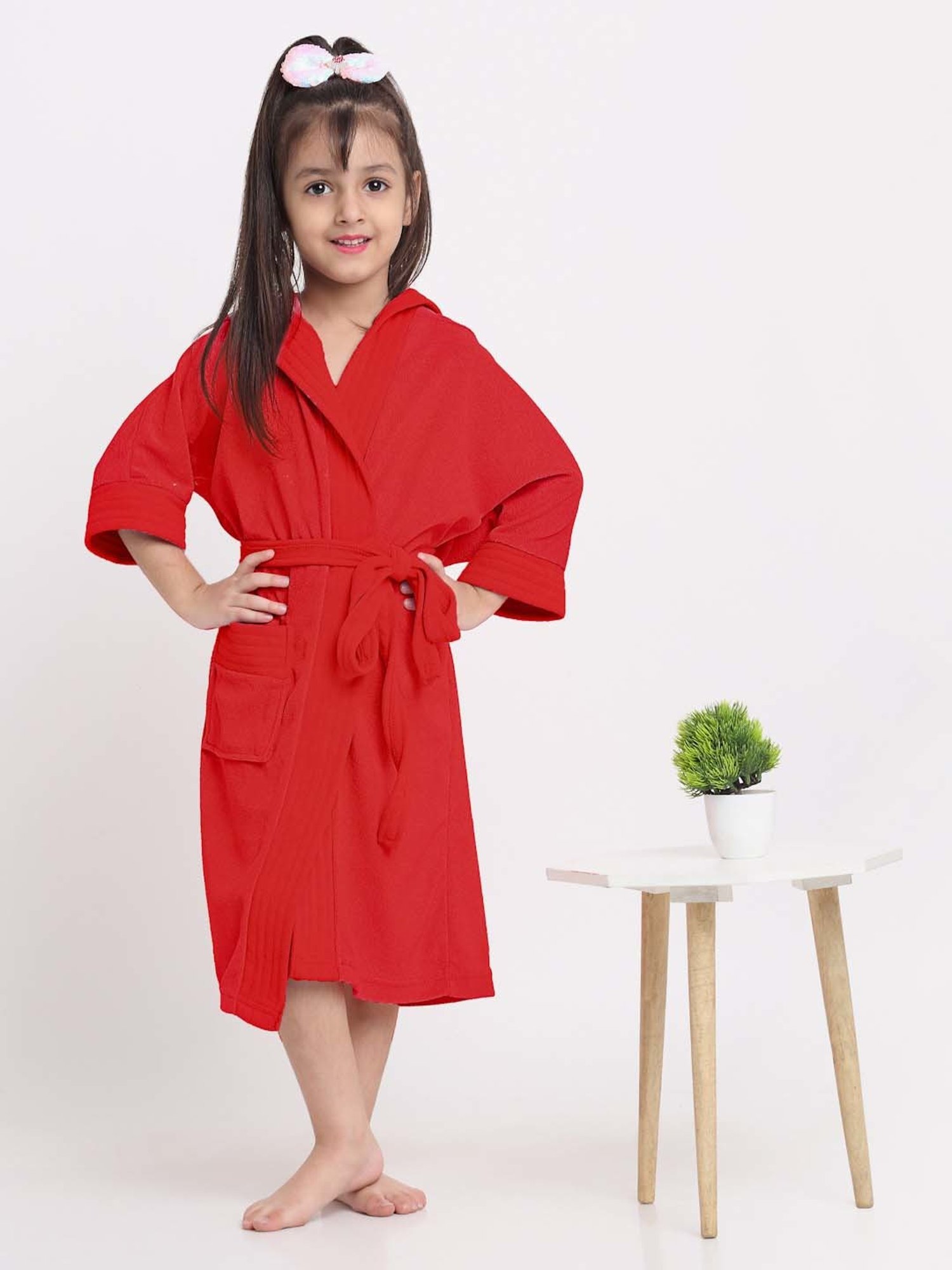 Creeva Melodious Red Micro Terry 225 GSM Kids Hooded Bathrobe 4-5 Years With Pocket