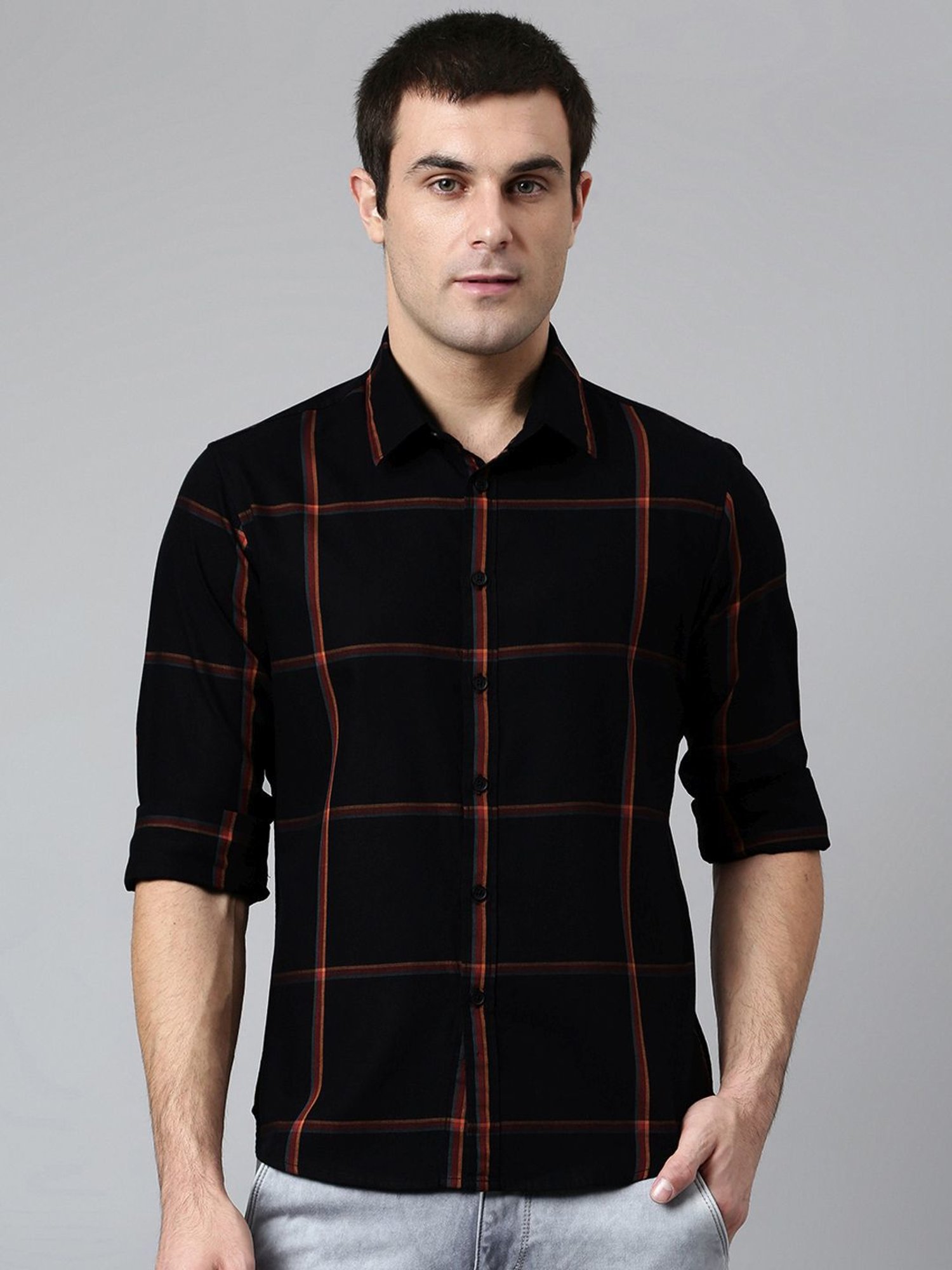 Dennis Lingo Black Cotton Slim Fit Checks Shirt
