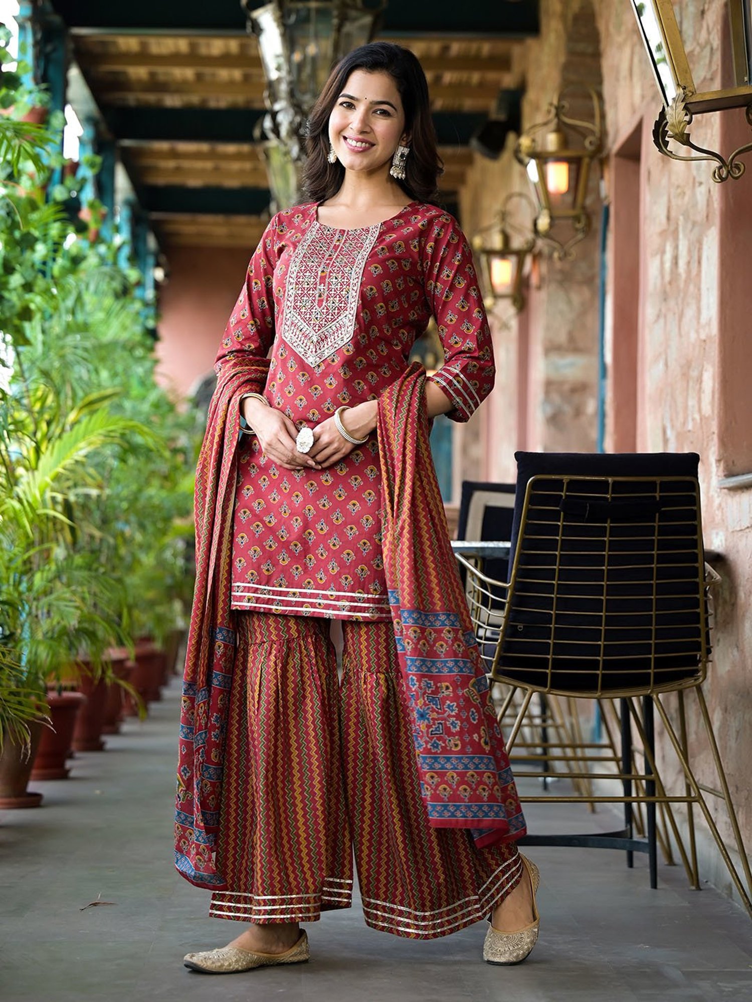 Yufta Rust Embroidered Kurta With Sharara & Dupatta
