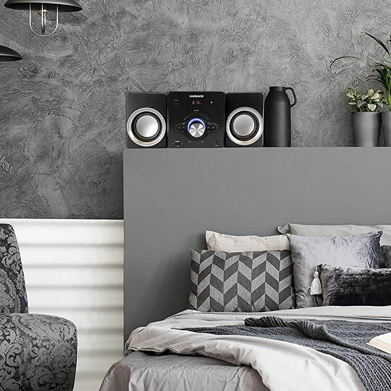 MM442 3-Piece Top Loading CD Shelf System with Digital PLL FM Stereo Radio, Bluetooth Wireless Technology, and Remote Control in Black | Blue Lights | LED Display | AUX Port Compatible |