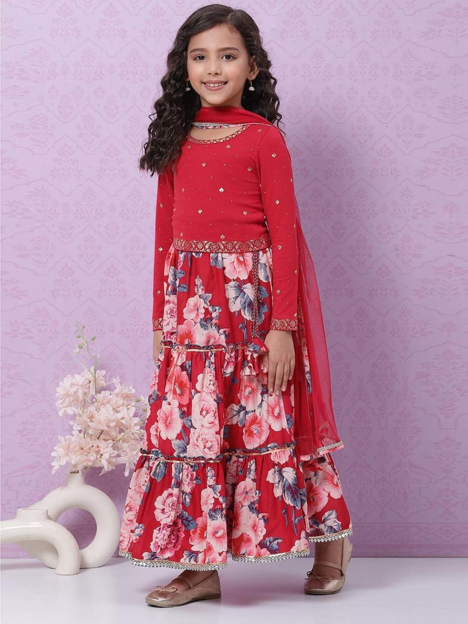 Biba Kids Red Printed Full Sleeves Lehenga Cholis