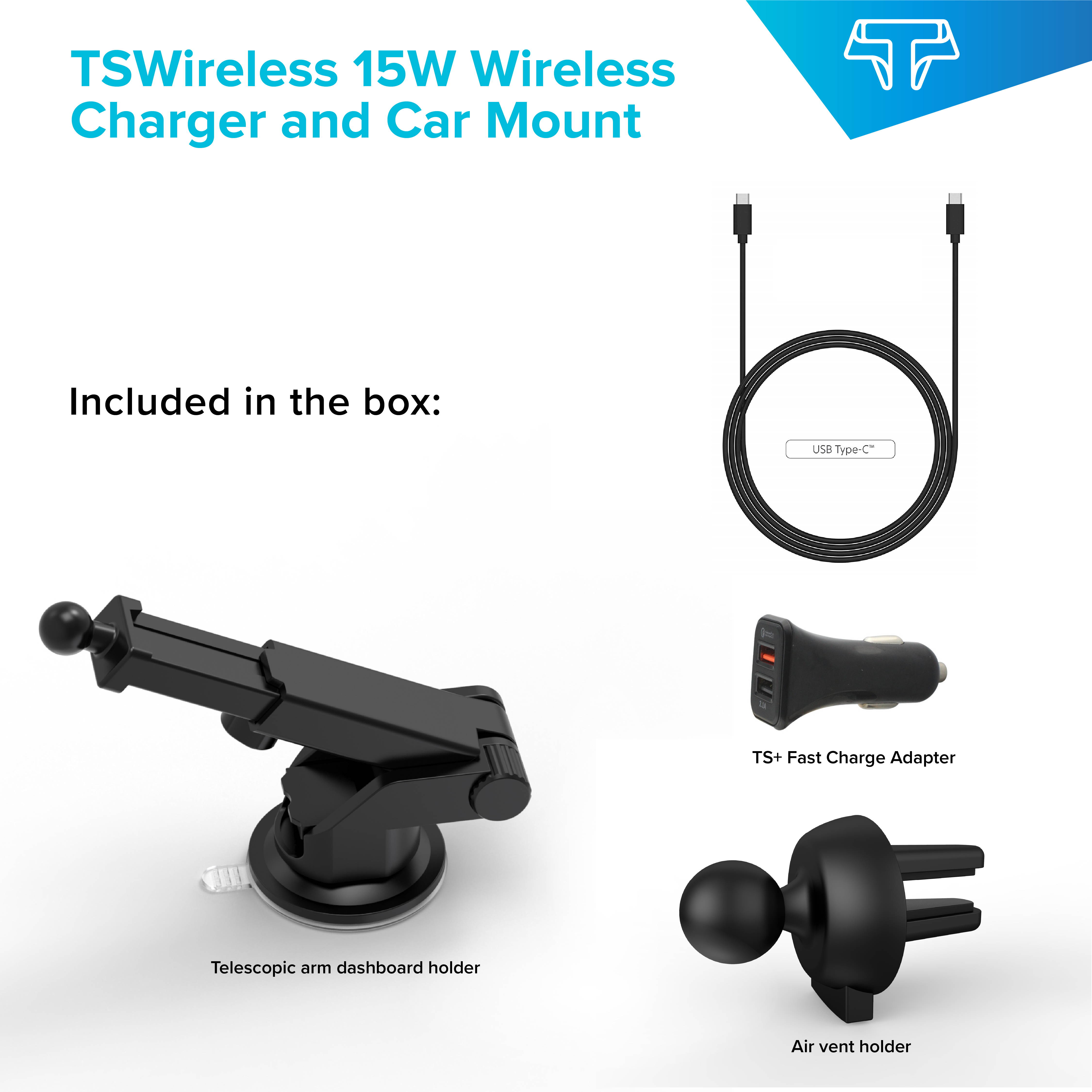 Techsmarter 15W Qi Wireless Car Charger, Fast Charging Cell Phone Mount Holder, Automatic Sensor Clamping Dashboard Air Vent. Compatible with iPhone 11, X, XS, XR, 8, Samsung S10, S9, S8, Note