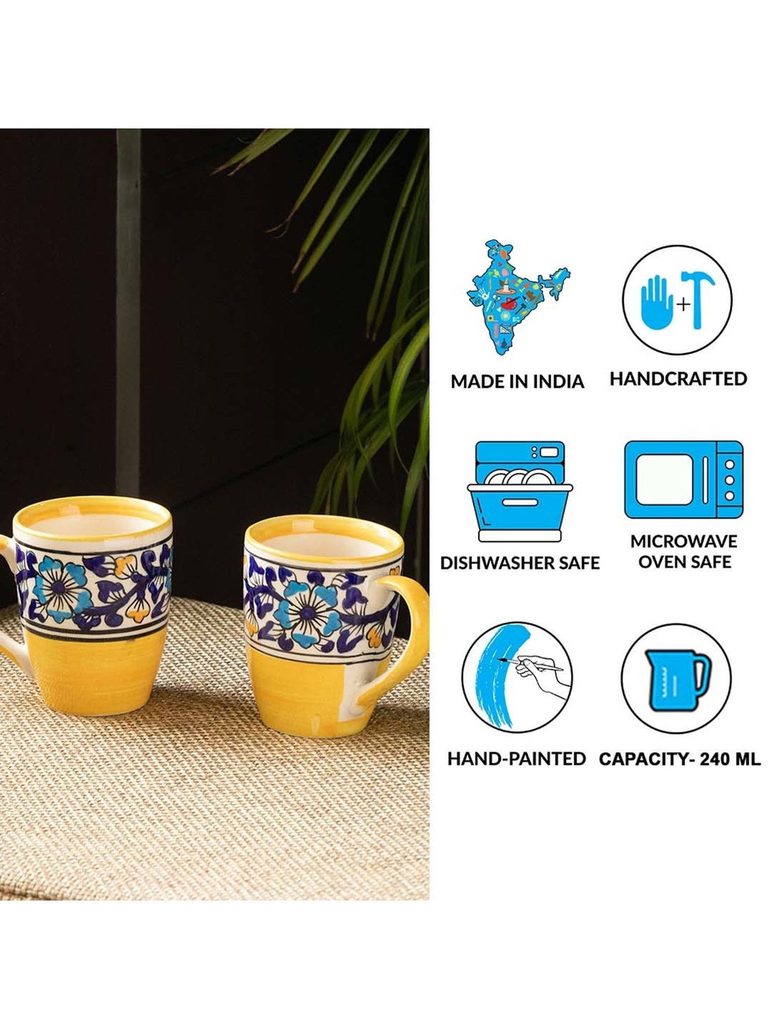 ExclusiveLane 'Badamwari Bagheecha' Hand-Painted Ceramic Tea & Coffee Mugs (Set of 2, 240 ML, )
