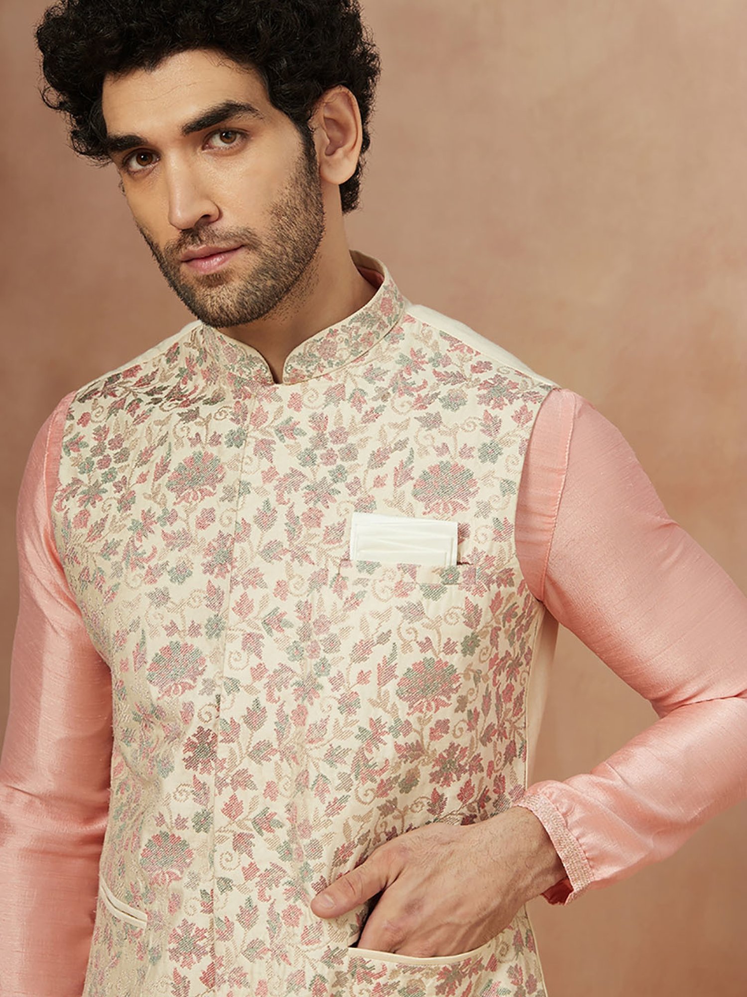 Manyavar Cream Floral Printed Nehru Jacket