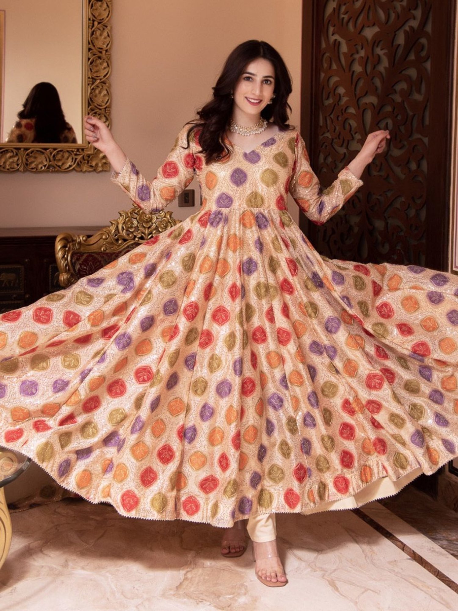 Calmna Sitara Beige Sequin Anarkali Suit Set