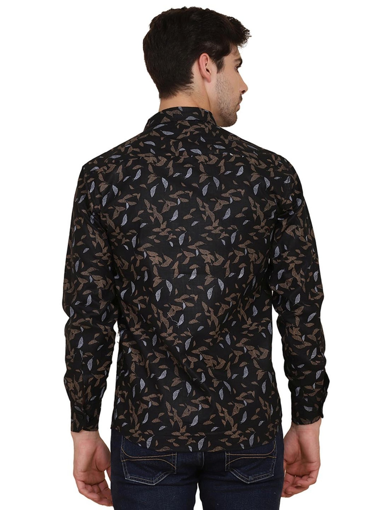 TAHVO Black Cotton Slim Fit Printed Shirt