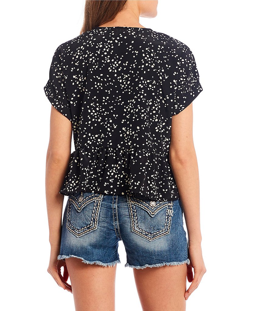 Originality Dalmation Print Rolled Cuff Sleeve Woven Peplum Top