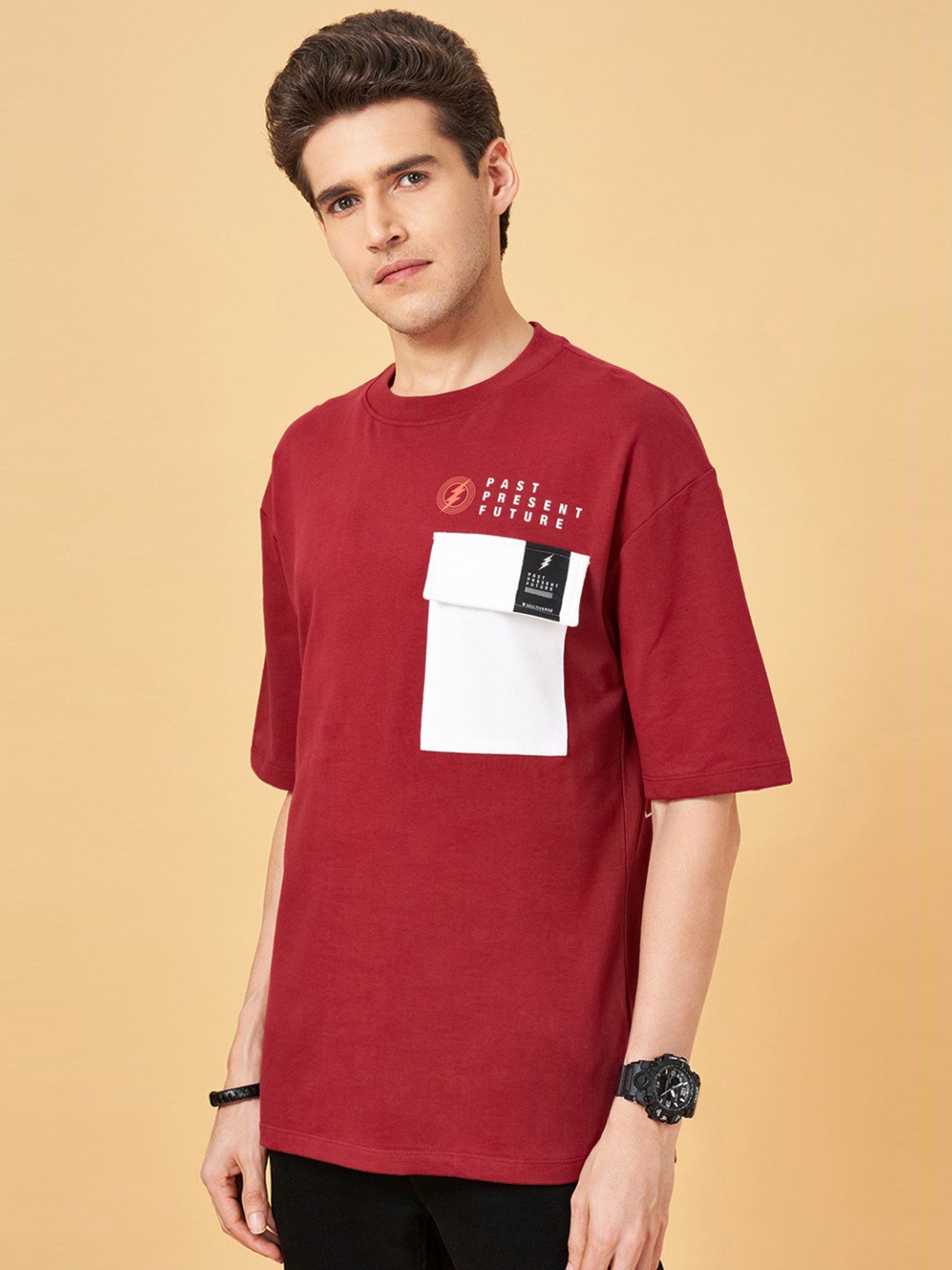 SF Jeans by Pantaloons Beet Red Cotton Regular Fit Printed T-Shirt