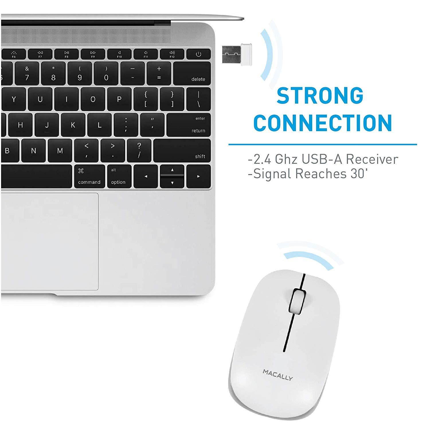 Macally 2.4G Wireless Mouse (Optical) with USB Cordless Mice Receiver - Long Range & Portable - Works with Mac Mini/Apple MacBook Pro/Air or Windows PC Notebook Laptops & Desktop Computers - White
