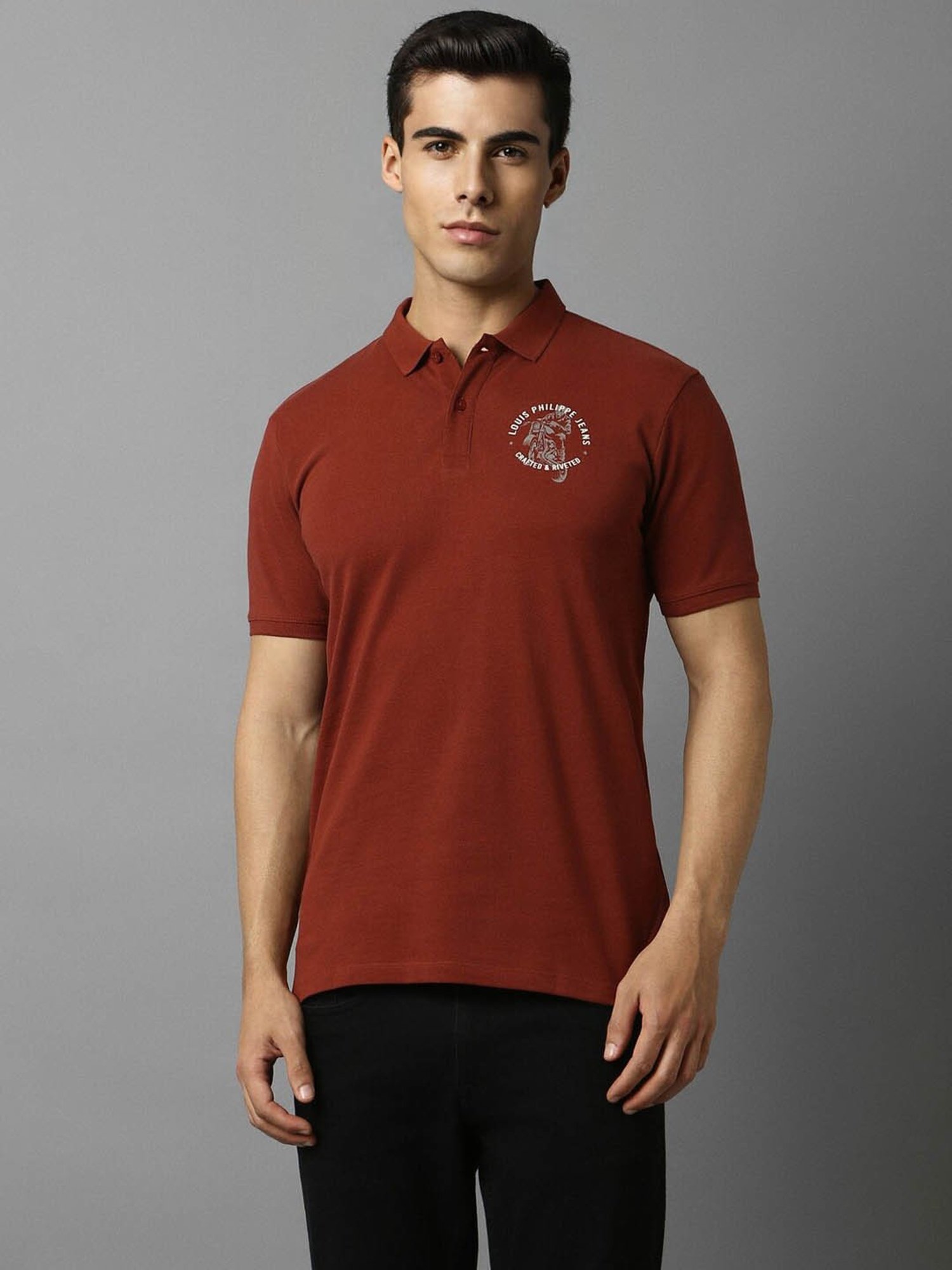 Louis Philippe Jeans Maroon Cotton Slim Fit Polo T-Shirt