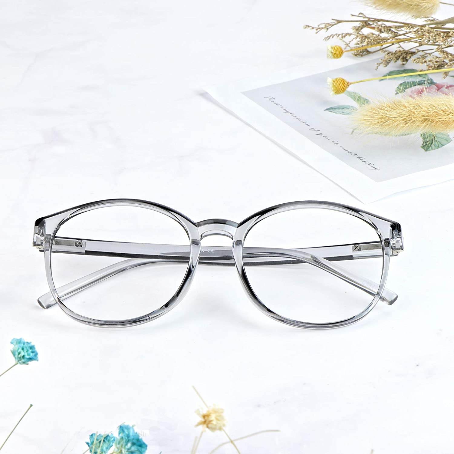 Blue Light Blocking Glasses, Anti Eyestrain, Computer Reading Glasses with Spring Hinge, Gaming Glasses, TV Glasses for Women Men, Anti UV, Anti Glare (Clear Grey, No Magnification)