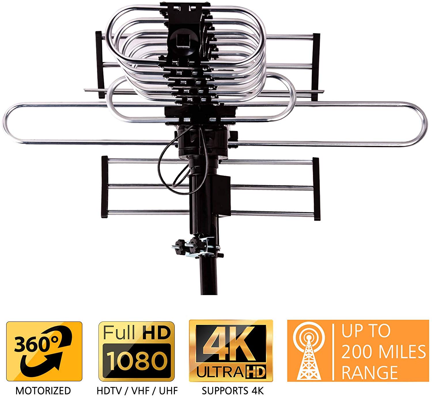 Five Star [Newest 2020] Outdoor Antenna Digital Amplified HDTV w/ up to 200-Mile Long Range,360 Degree Directional Rotation, Water/UV Resistant, Supports 5 TVs with Installation Kit