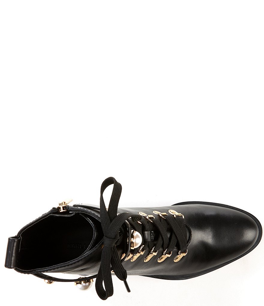 KARL LAGERFELD PARIS Perry Leather Pearl Ornaments Lug Sole Combat Booties