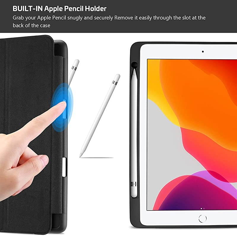 New iPad 10.2 Case (2020 8th Generation / 2019 7th Generation) with Pencil Holder and Flexible Soft TPU Back Cover, Slim Steady Stand Protective Case for 10.2" iPad 8th / iPad 7th -Black