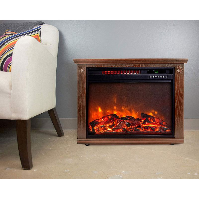 Lifesmart Large Room 1500W Portable Quartz Infrared Electric Indoor Fireplace Space Heater with 3 Heat Settings, Remote, and Tip-Over Protection, Oak