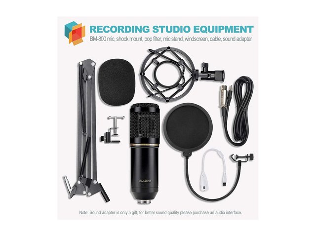 Condenser Microphone Bundle, BM-800 Mic Kit with Adjustable Mic Suspension Scissor Arm, Metal Shock Mount and Double-Layer Pop Filter for Studio Recording & Broadcasting (Black)