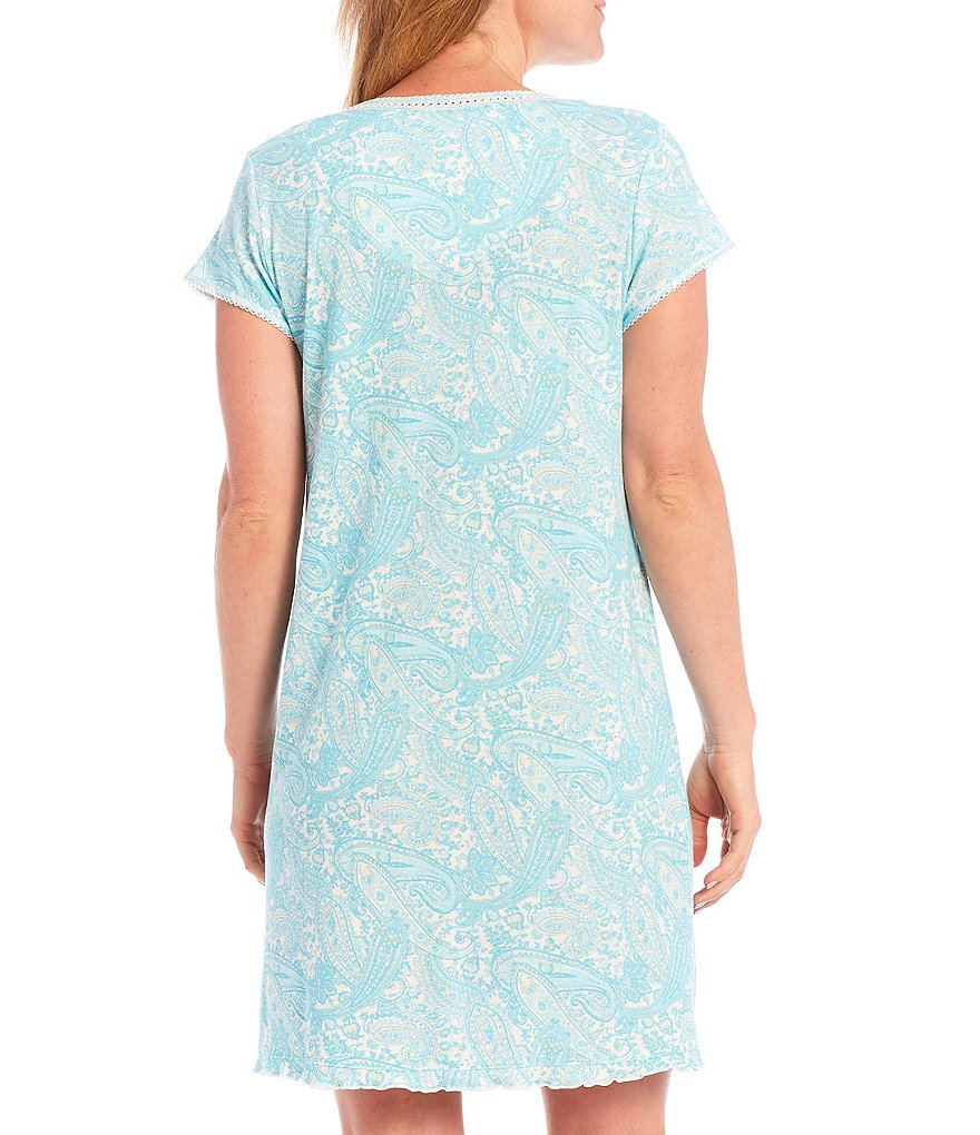 Miss Elaine Petite Silky Knit Square Neck Short Sleeve Checked Print Short Nightgown