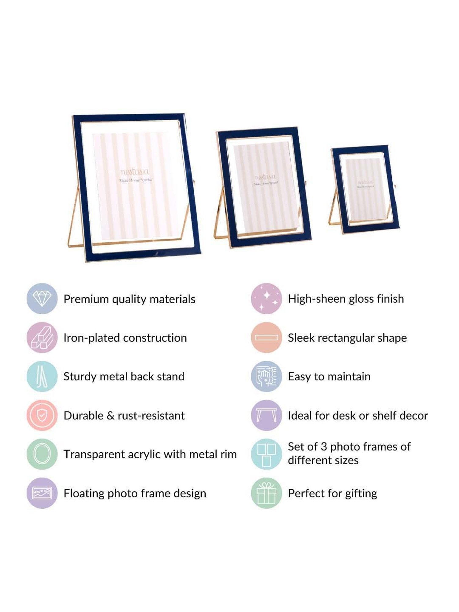 Nestasia Gold Plated Floating Navy Blue Photo Frame Set Of 3
