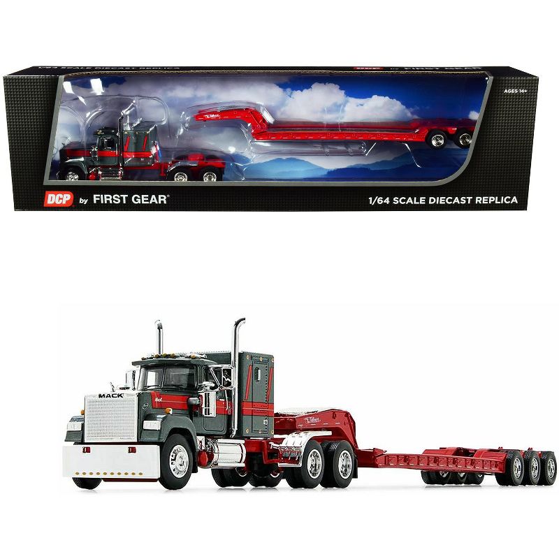 Mack Super-Liner w/ 60" Sleeper Cab w/Talbert Tri-Axle Lowboy Trailer Gun Metal Green & Mack Red 1/64 Diecast by DCP/First Gear