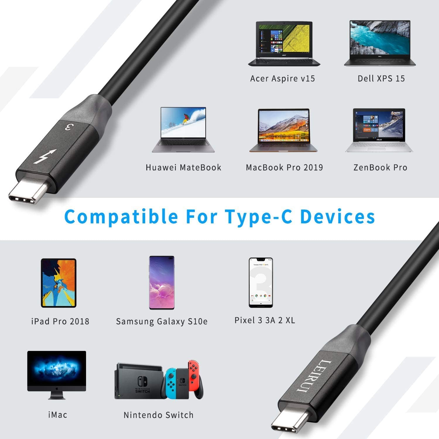 FVH Thunderbolt 2 Port Male to Male Video Data Cable for MacBook & SSD & Displays TB-004-WH