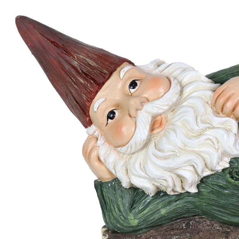 14" Solar Gnome On Welcome Log Resin Statue Green - Exhart