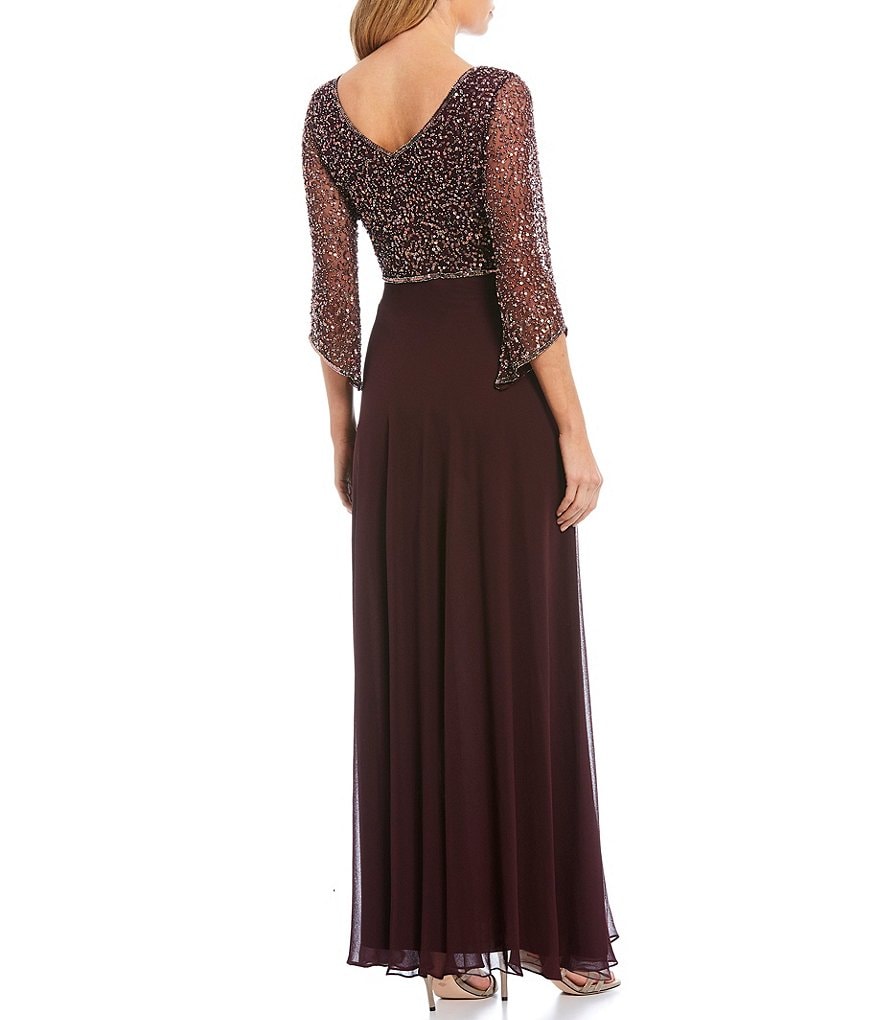 Jkara Petite Size V-Neck 3/4 Sleeve Beaded Bodice Gown