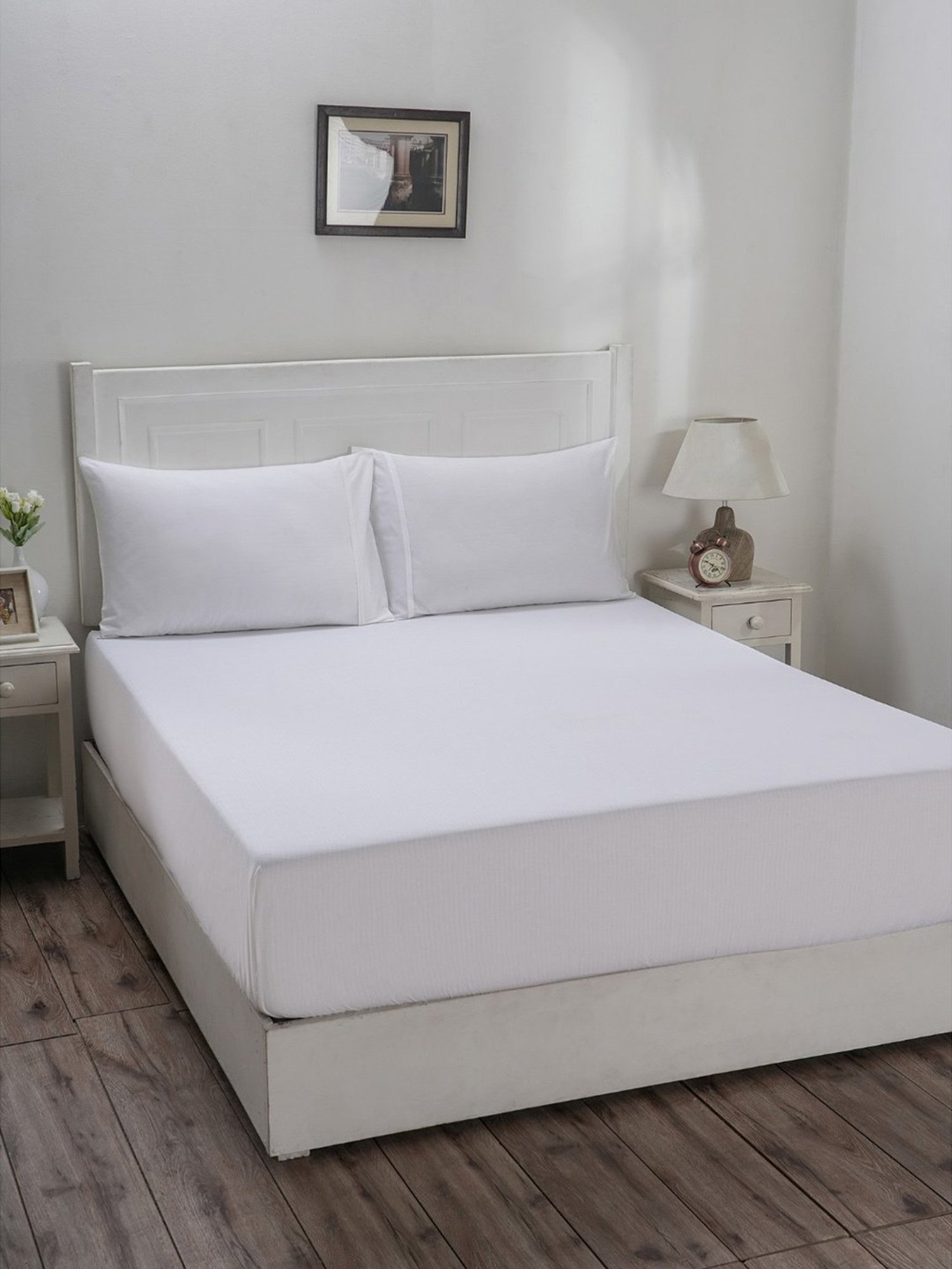 Maspar Colorart Eden White 144 TC Cotton Single Fitted Bed Sheet With 1 Pillow Cover