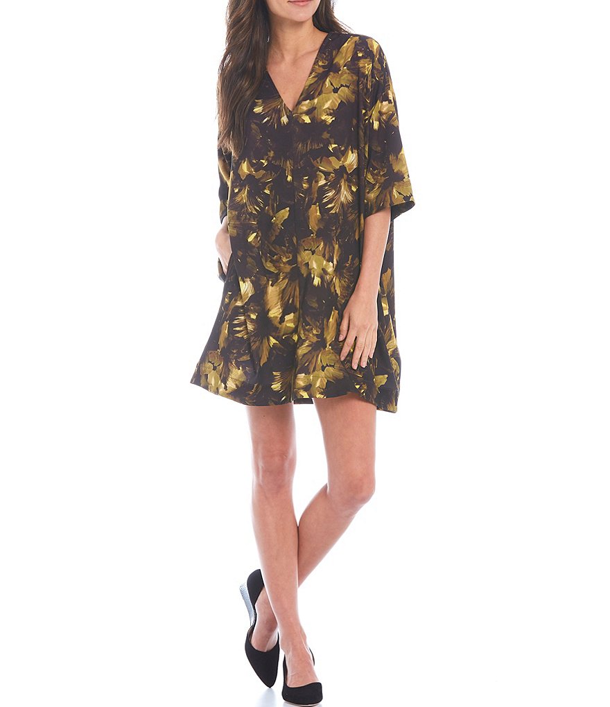 Bryn Walker Bingley Fall Floral Print V-Neck Drop Shoulder Short Elbow Sleeve Shift Dress
