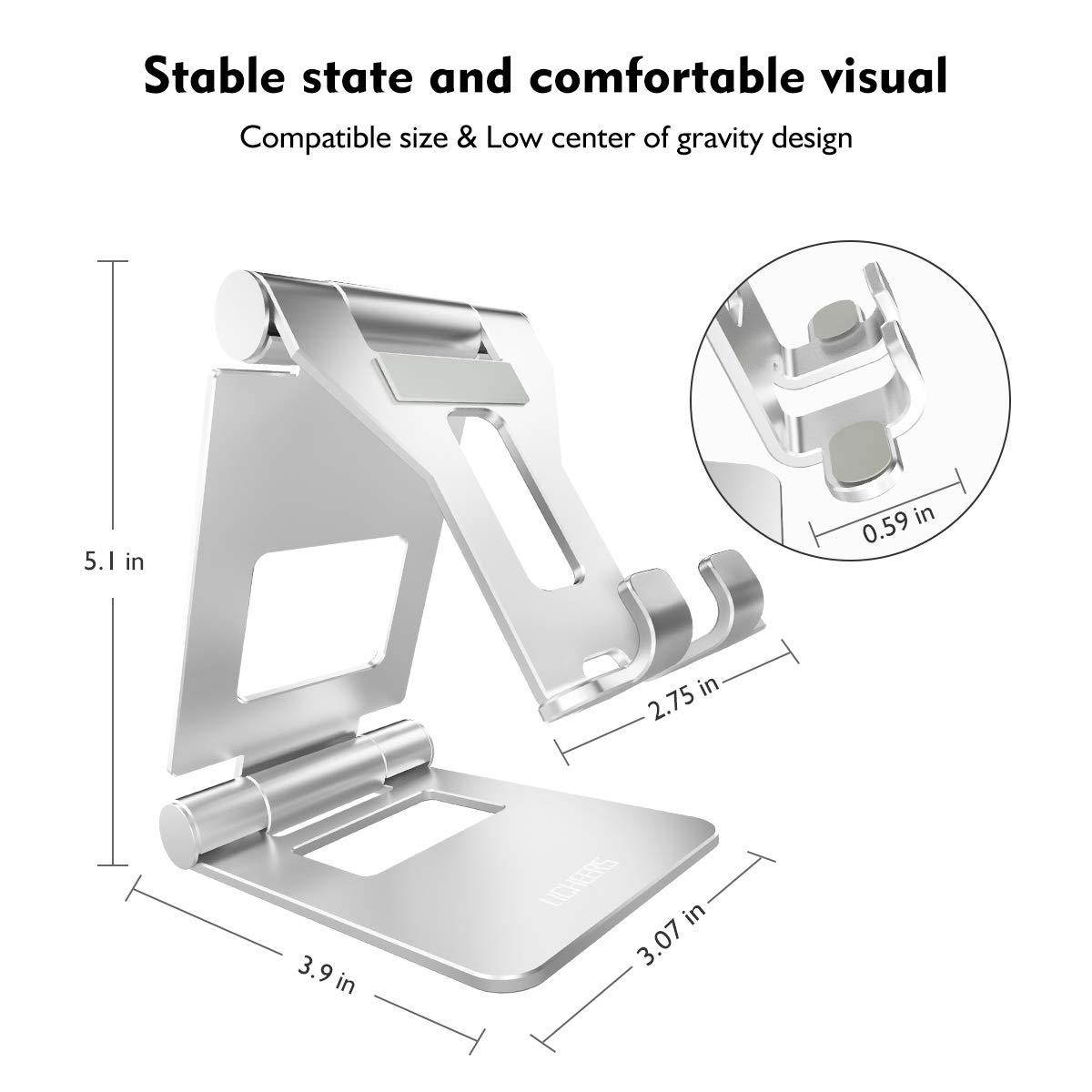 LICHEERS Aluminum Alloy Stand 270 Degree 2-axis Adjustable Foldable Holder Dock for 4-13 inch Cell Phones and Tablets