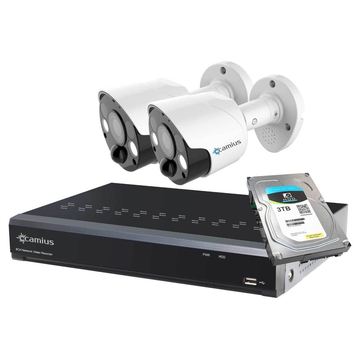 Camius 4 8MP Wired PoE Spotlight Security Camera Bullets with a 4K 8 Channel NVR, 3TB Hard Drive, 3840 x 2160, 2-Way Audio (built-in microphone, Speaker), Siren, Color Night Vision - 8P4S83TS