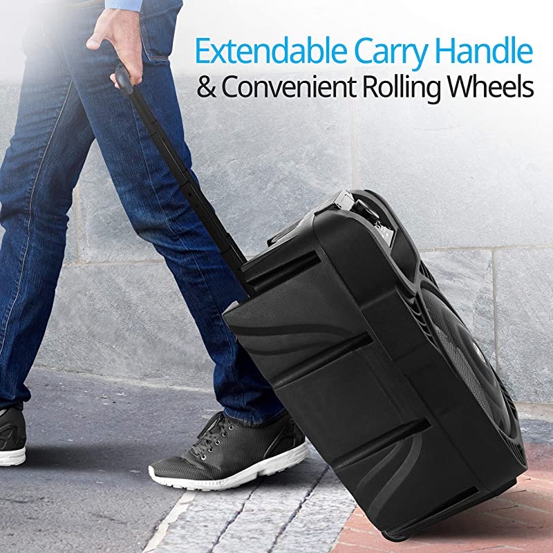 Portable Bluetooth PA Loudspeaker 8 Subwoofer System 4 Ohm5520kHz USBMP3FM Radio &frac14; Mic Inputs MultiColor LED Lights Builtin Rechargeable Battery w Remote Control Pyle PPHP844B