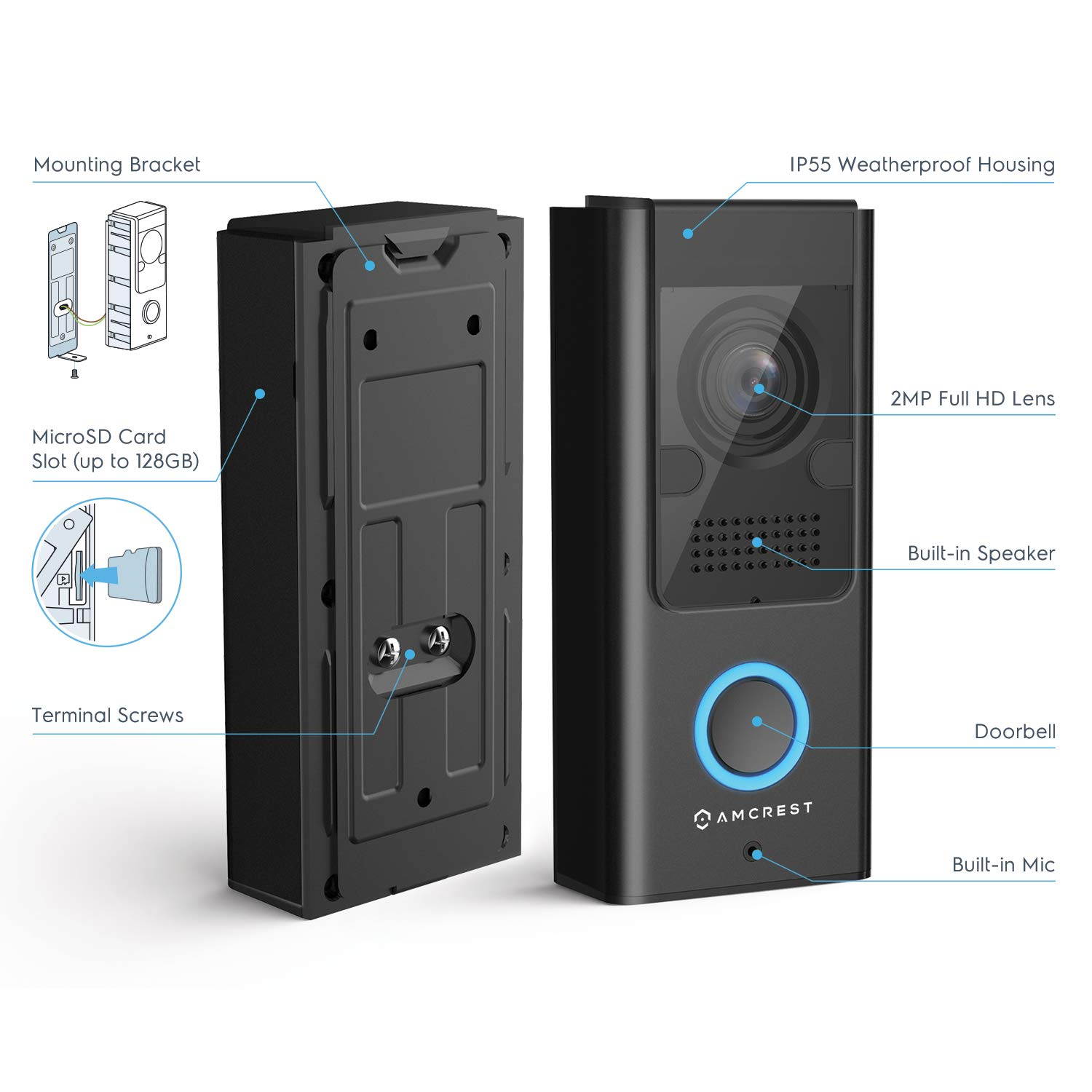 Amcrest Video Doorbell Camera, 2.4 GHz Wi-Fi Doorbell Camera, IP55 Weatherproof, Two-Way Audio, 140&ordm; Wide Angle, AD110