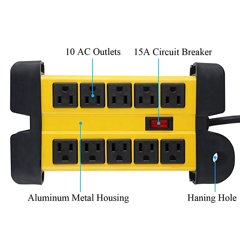 Metal Power Strip 10 Outlet Heavy Duty Power Strip Workshop Power Strip with 59FT 14AWG3C Power Cord 15A Circuit Breaker Electrical Rating AC 15A 125V 60HZ 1875W ETL Listed