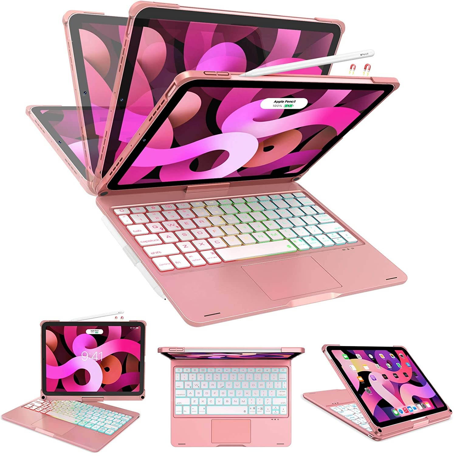 iPad Air 4th Generation Case with Keyboard (10.9 inch 2020) iPad Pro 11 Case 2020 with Keyboard- 7 Color Backlight- 360&deg Rotatable- Touchpad Keyboard Case for iPad Air 4 Gen/iPad Pro 11(Rose Gold)