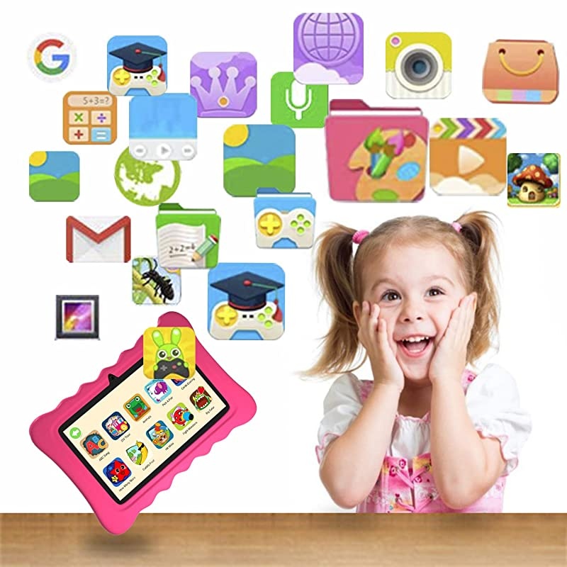 Tablet 7 inch Android 9.0 Pie (GMS Certified), 2GB+16GB Storage, WiFi Android Tablets for Kids, 1080p Full IPS HD Display, Dual Camera, Google Play, Kid-Proof Case, Parental Control, Pink
