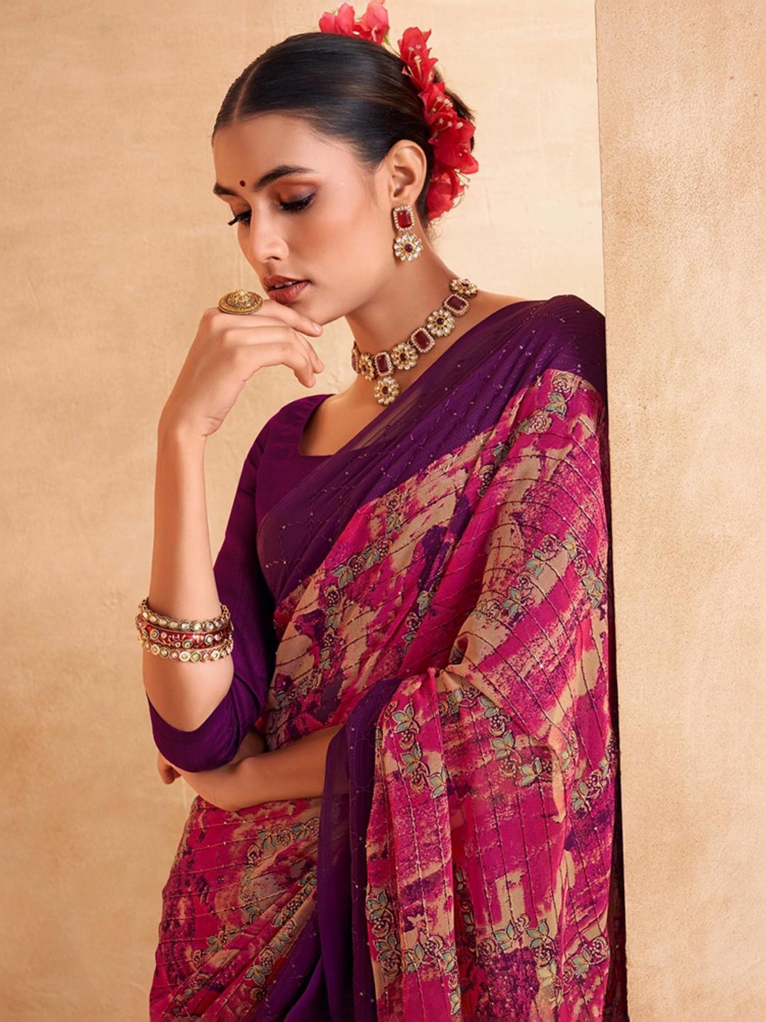 Satrani Pink Printed Saree With Unstitched Blouse