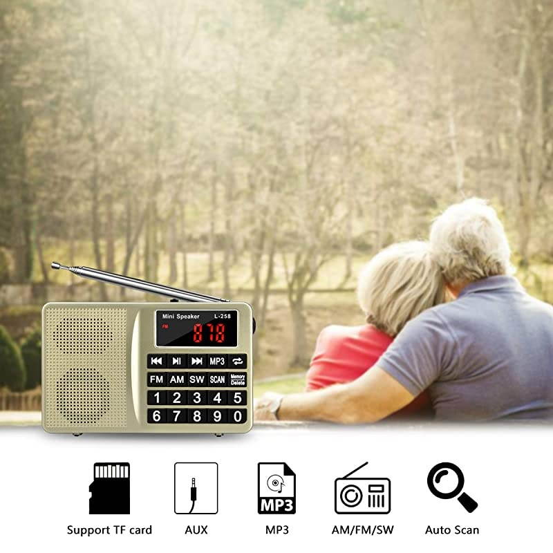 AM SW AllBand Receiver with Best ReceptionPortable Radio with Headset OutputAUX InputMP3External SpeakerTF CardStores Stations Automatically and Powered by Lithium Battery