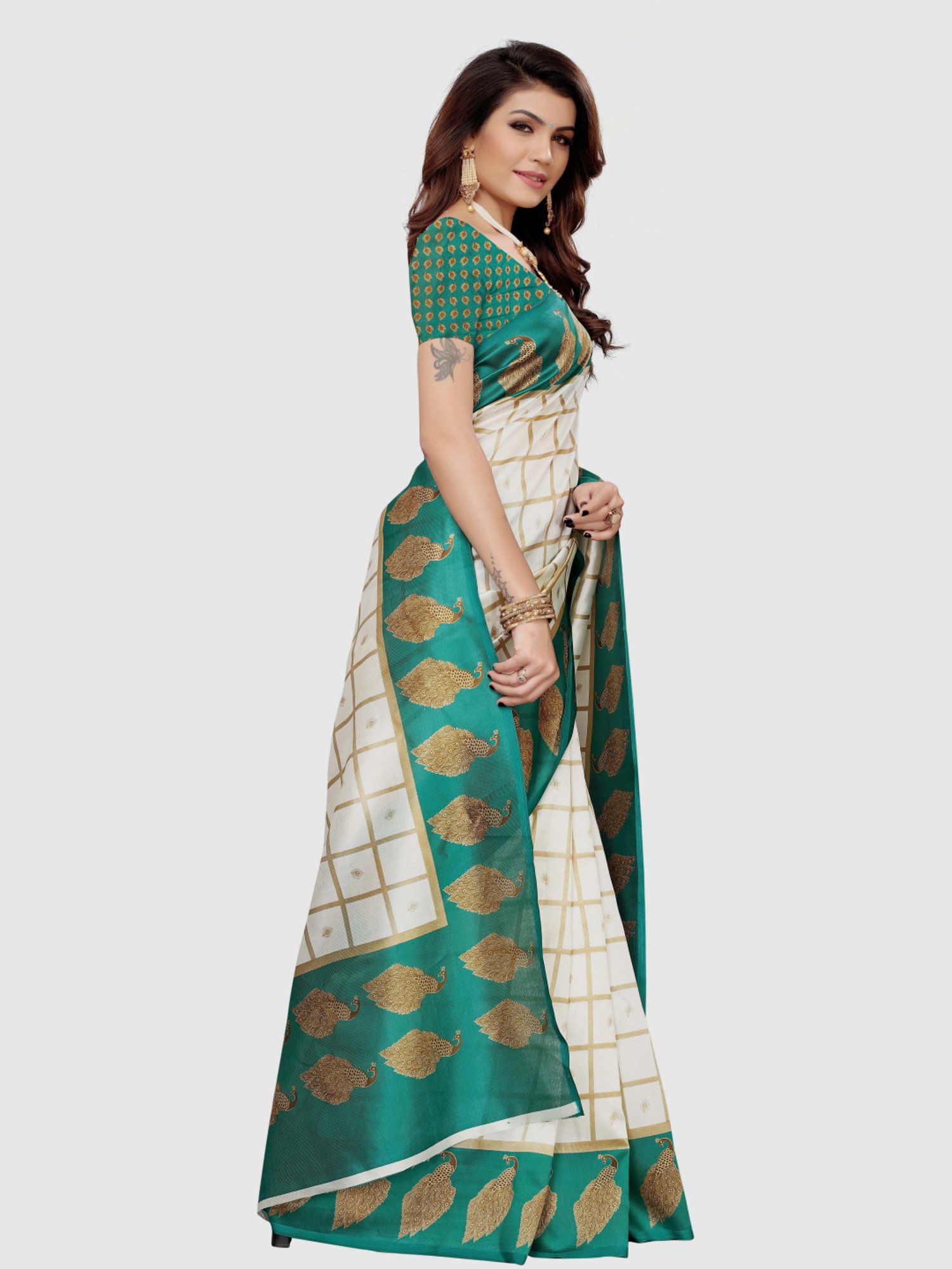 KSUT Off-White & Turquoise Printed Saree With Blouse