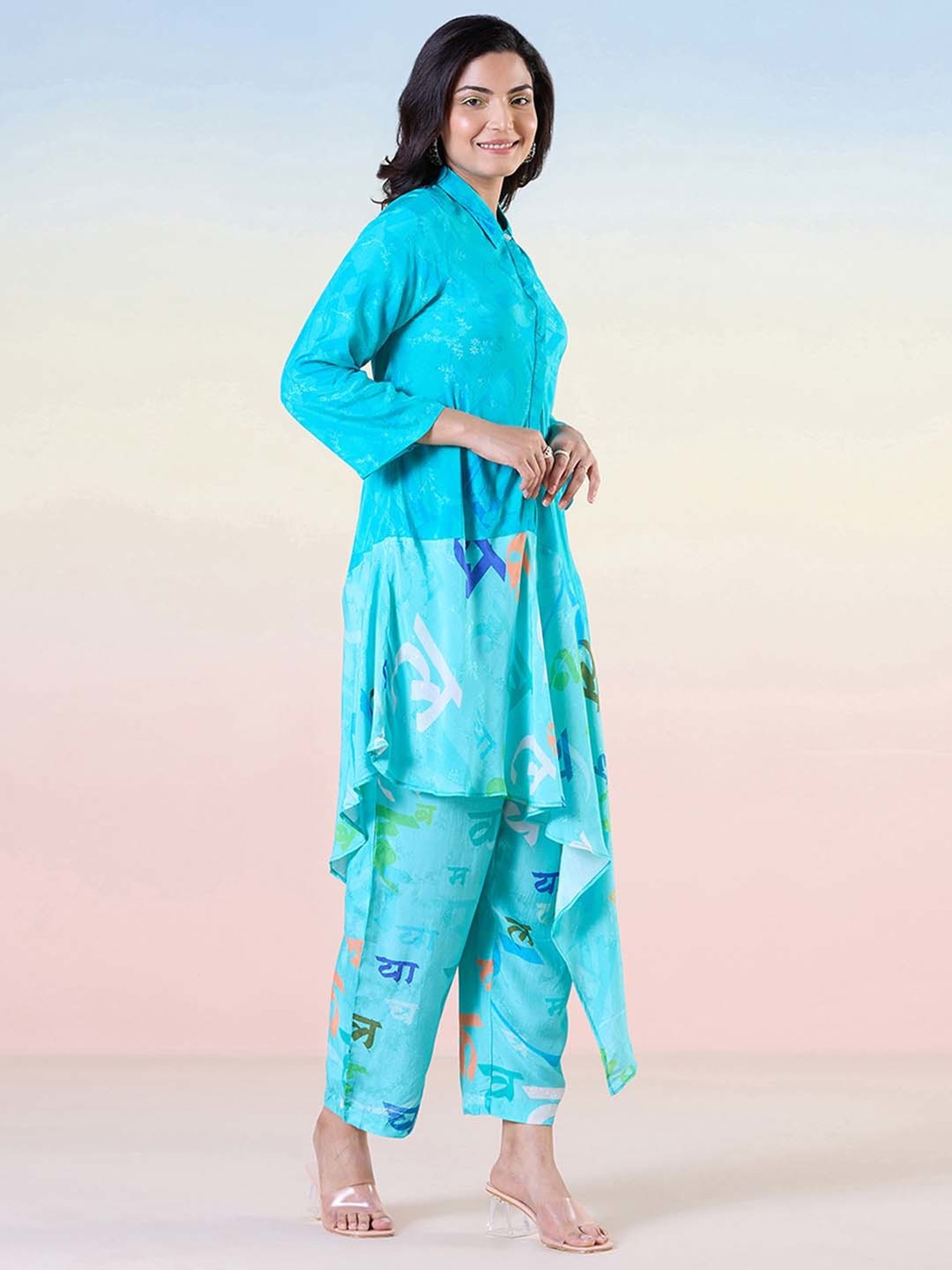 Melon by PlusS Blue Printed Shirt Pant Set