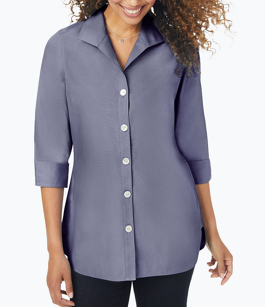 Foxcroft Pandora Solid Non-Iron Pinpoint Oxford Button Front Wing Collar Neck 3/4 Sleeve Tunic