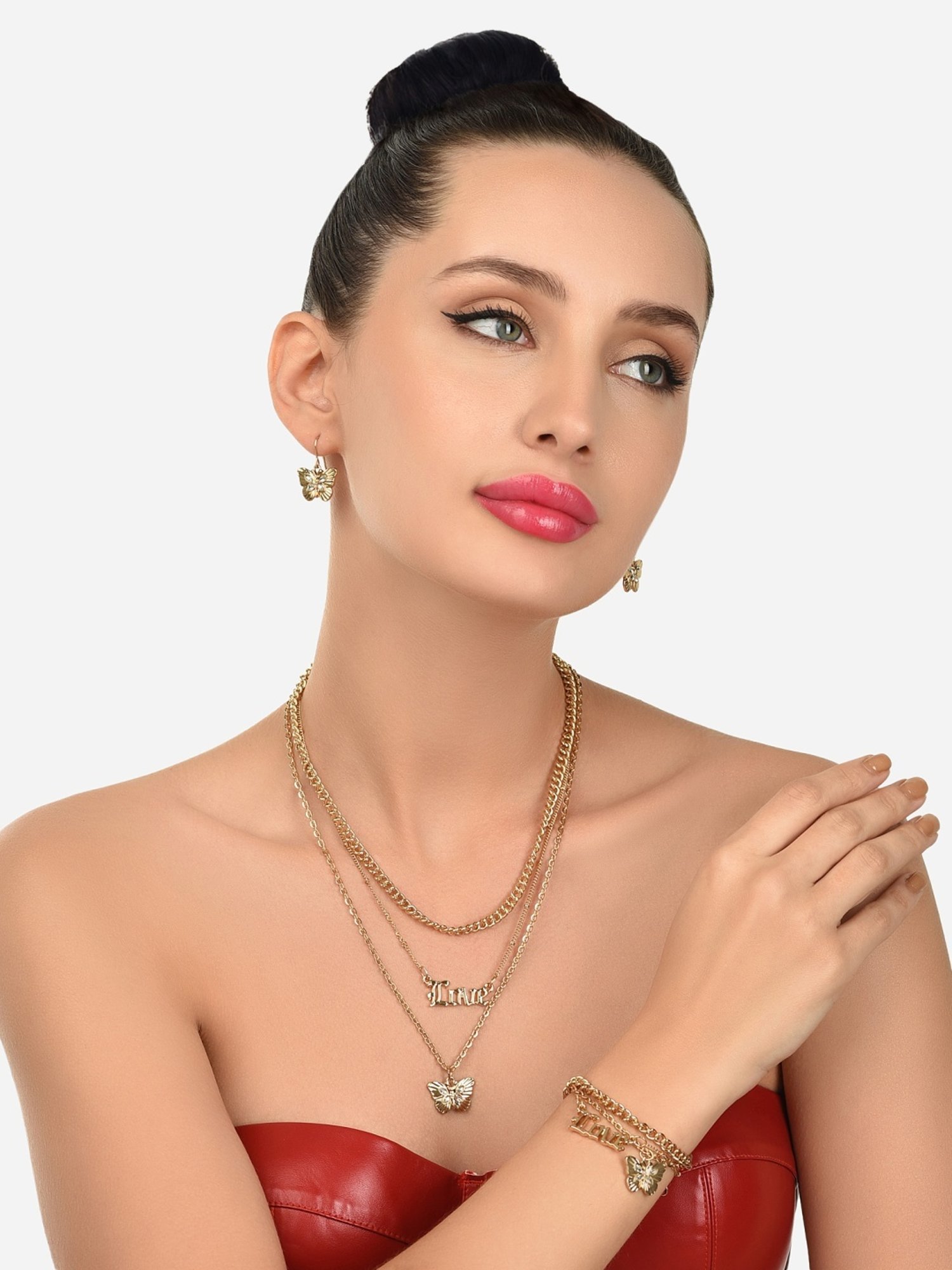 Zaveri Pearls Gold Tone 3 Layers Contemporary Love Butterfly Chain Earring & Bracelet Set-ZPFK12079