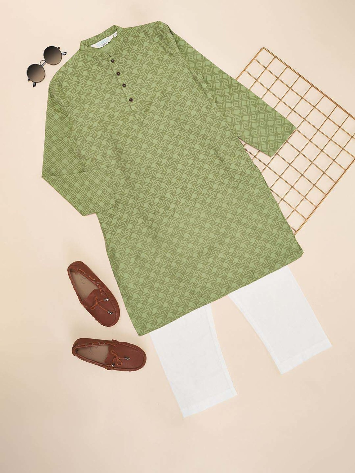Indus Route by Pantaloons Boys Desert Sage Printed Full Sleeves Kurta Sets