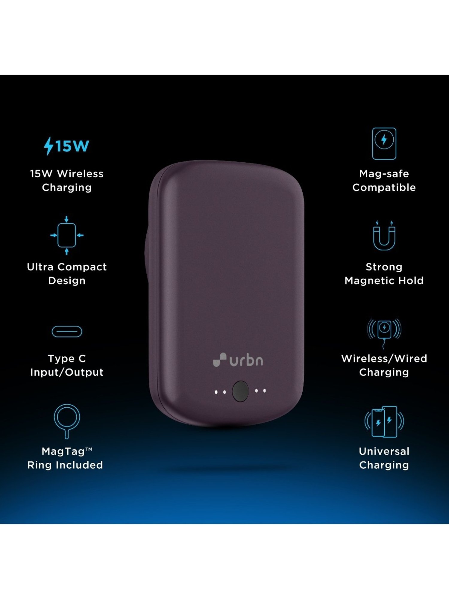 URBN 5000 mAh 15W Compact Magsafe Power Bank w MagTag Ring(Purple)