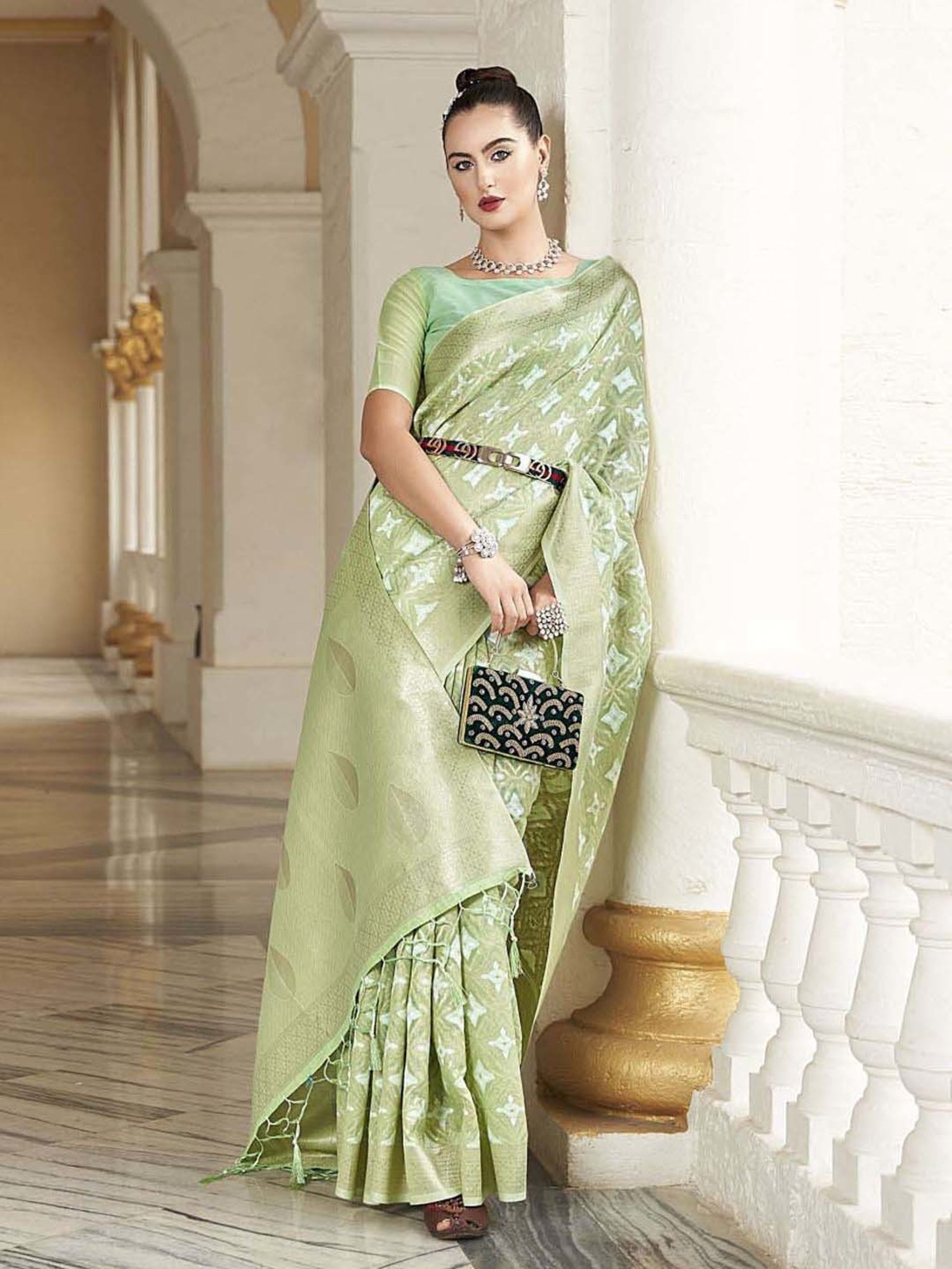 Elora Green Cotton Silk Woven Saree With Unstitched Blouse