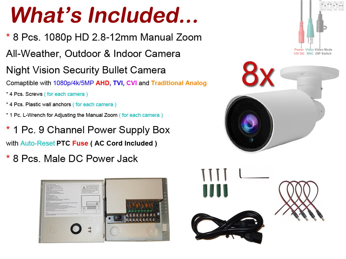 Evertech 8 pcs 1080P HD TVI AHD CVI Day Night Vision Indoor/Outdoor CCTV Security Camera w/ Power Supply