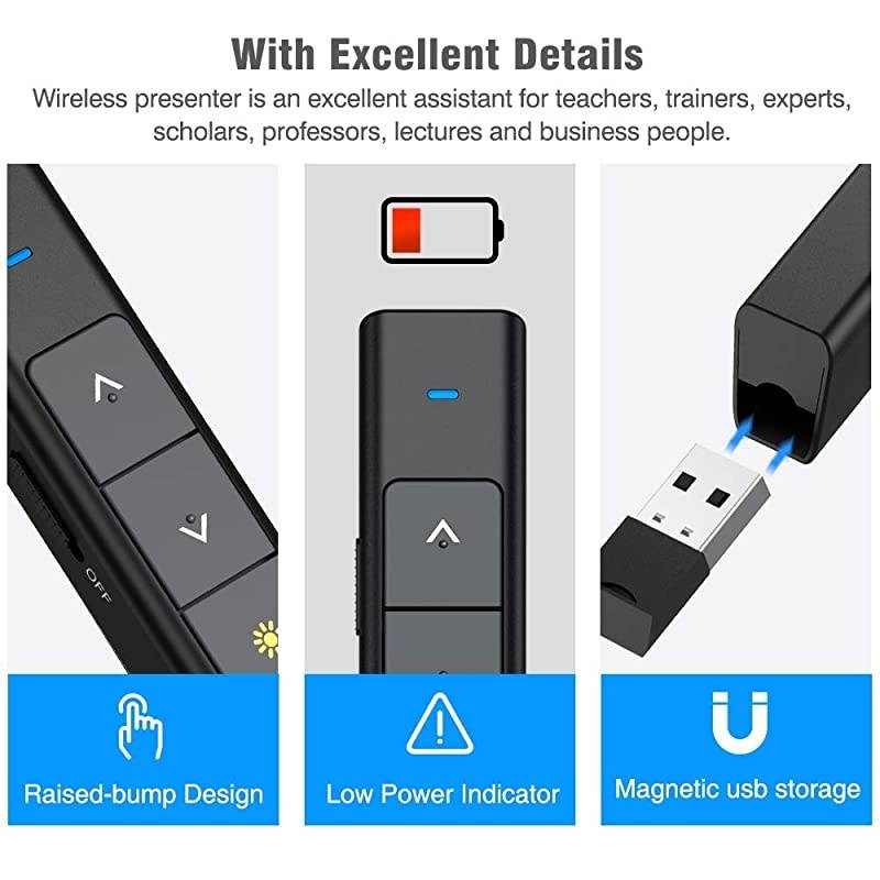 Presentation Powerpoint Clicker Wireless Presenter Rechargeable Green Light USB Remote Control Hyperlink Volume Control Slide Advancer 24GHz with Case