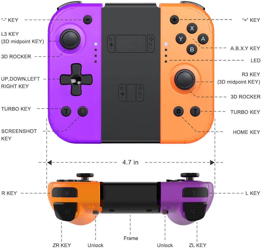 Switch controller for Nintendo Switch, Switch Extra Controllers to Replace Joy Con Controller, Wake Up Function, dual vibration, 6-axis gyroscope (T22-purple/orange)