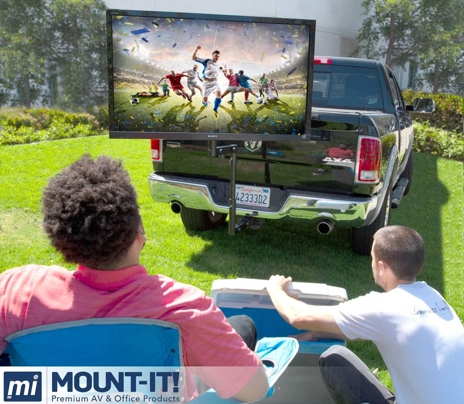 Mount-It! Tailgate TV Mount | Full Motion Tailgate TV Stand for 2 Inch Receiver Hitch | Height Adjustable, Swivel Motion Fits Up to 55 Inch TVs| Steel, Black