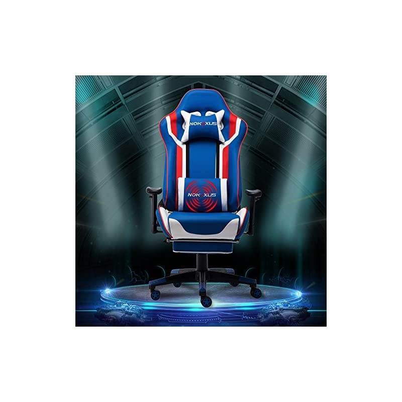 Gaming Chair Large Size High-Back Ergonomic Racing Seat with Massager Lumbar Support and Retractible Footrest PU Leather 90-180 Degree Adjustment of backrest Thickening sponges (YK-6007-BLUE)