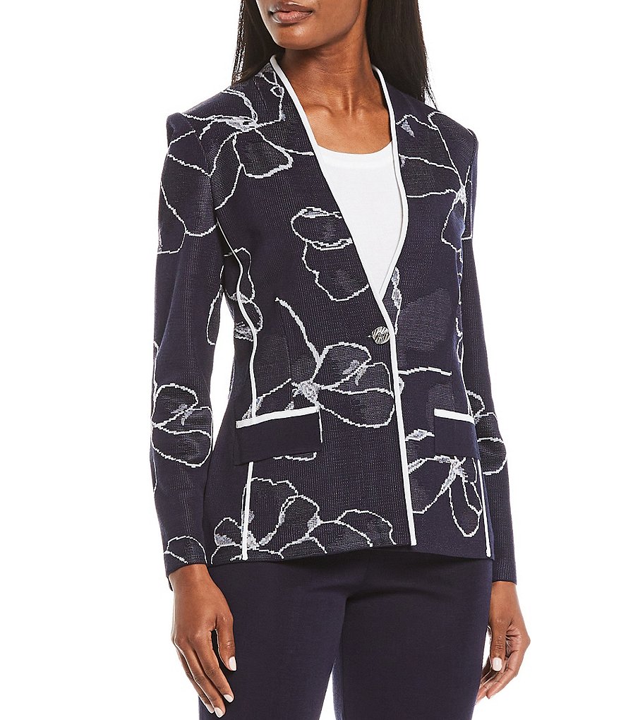 Eva Varro Solid Knit Jersey Notch Lapel Collar Two-Button Jacket